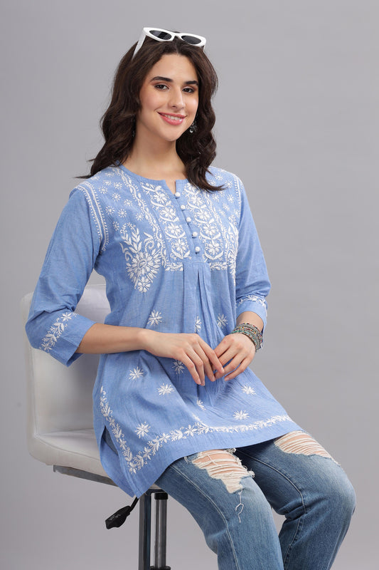 Abia Chikankari Denim Cotton Top