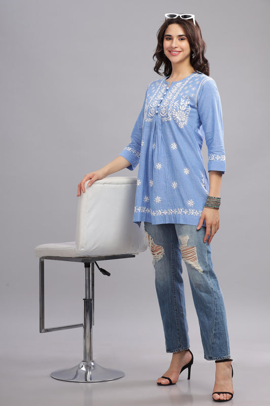 Abia Chikankari Denim Cotton Top