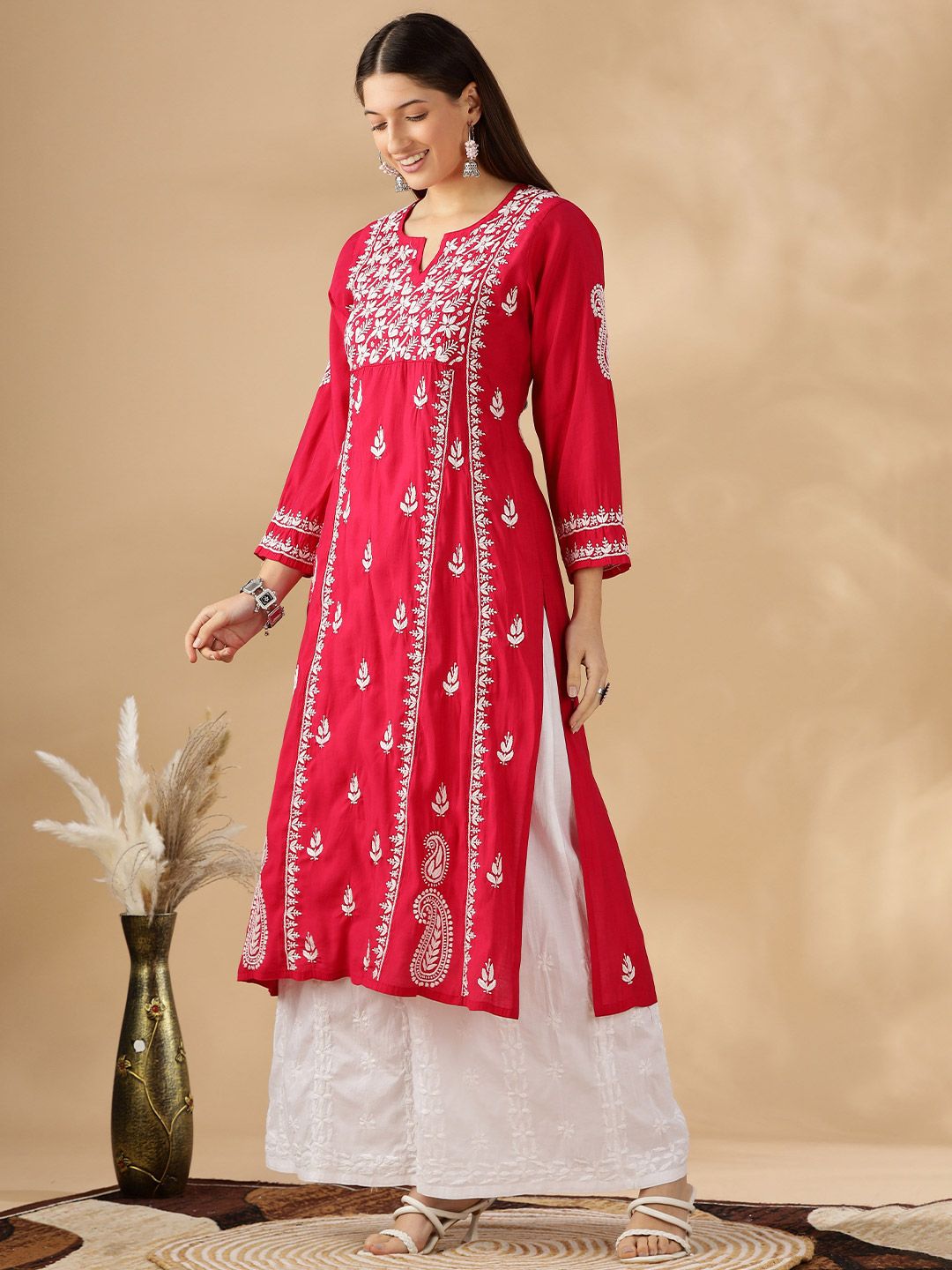Floral Embroidered Thread Work Chanderi Cotton Straight Kurta