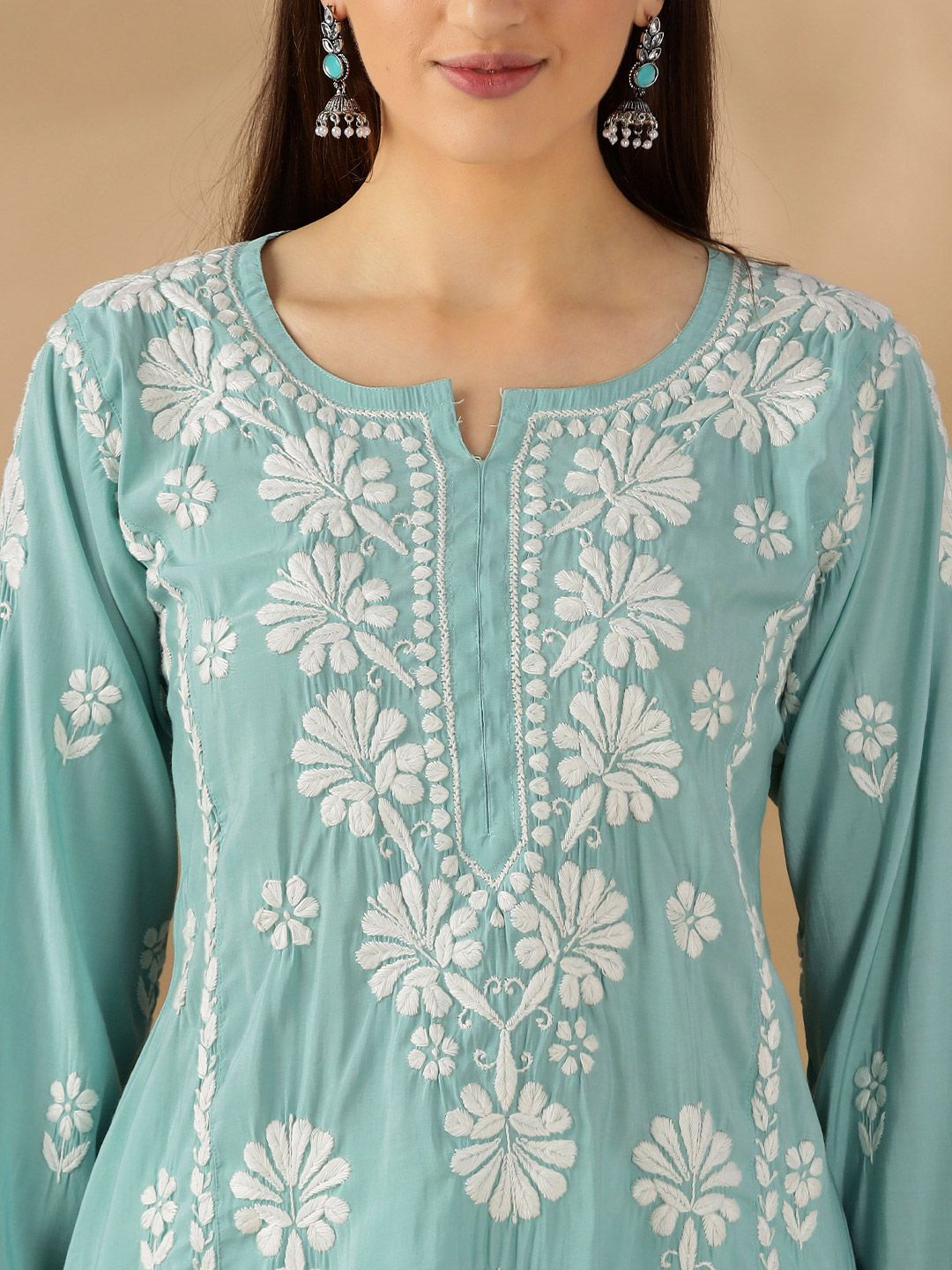 Floral Embroidered Thread Work Chanderi Cotton Straight Kurta