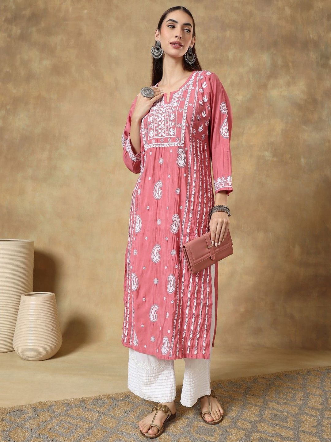 Roman Silk Ethnic Embroidered Thread Work Round Neck Straight Kurta