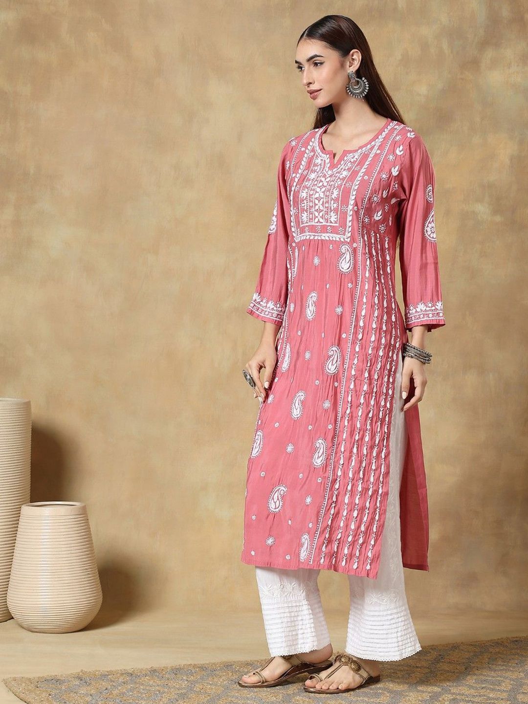 Roman Silk Ethnic Embroidered Thread Work Round Neck Straight Kurta