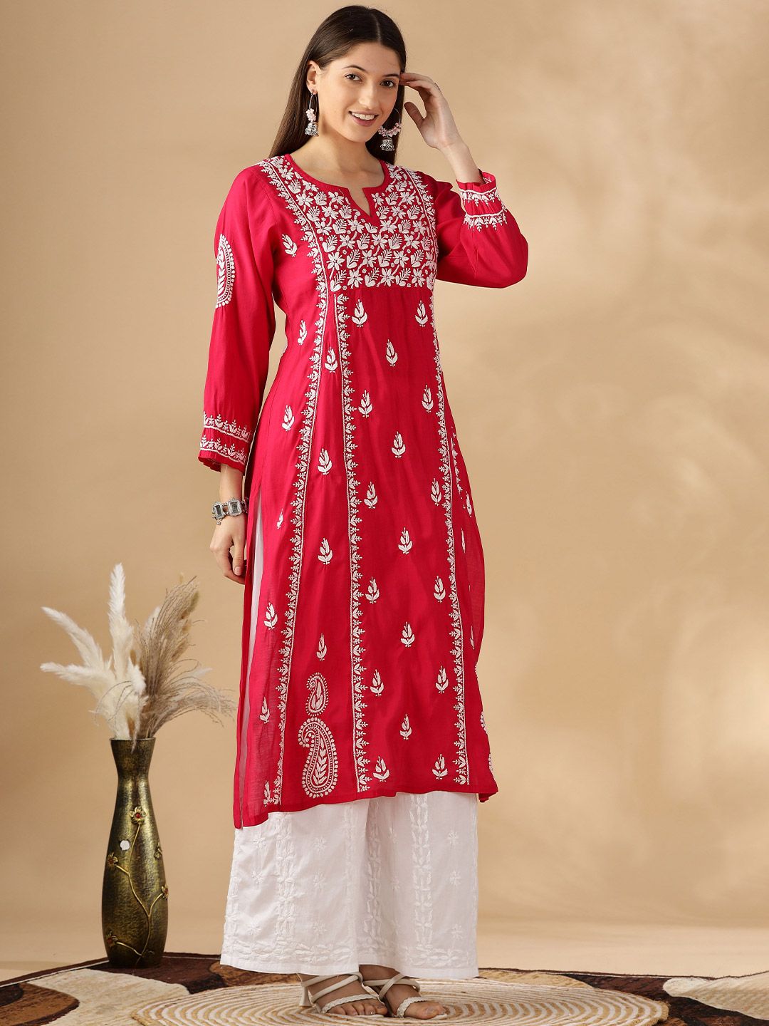 Floral Embroidered Thread Work Chanderi Cotton Straight Kurta