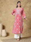 Roman Silk Ethnic Embroidered Thread Work Round Neck Straight Kurta