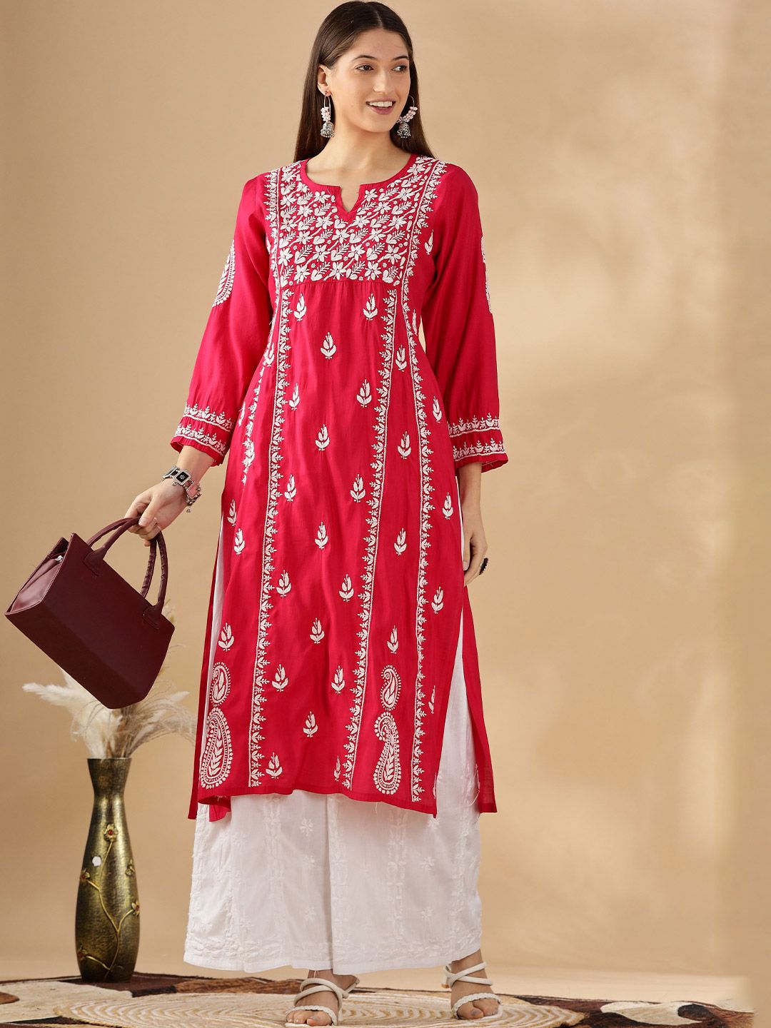 Floral Embroidered Thread Work Chanderi Cotton Straight Kurta