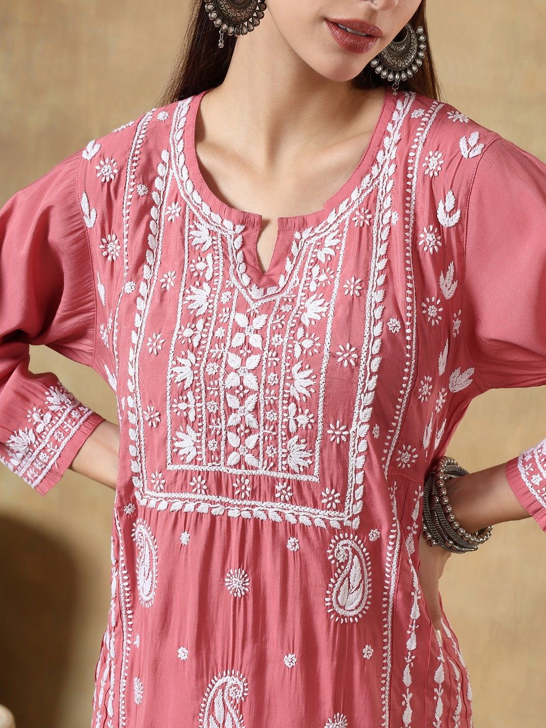 Roman Silk Ethnic Embroidered Thread Work Round Neck Straight Kurta