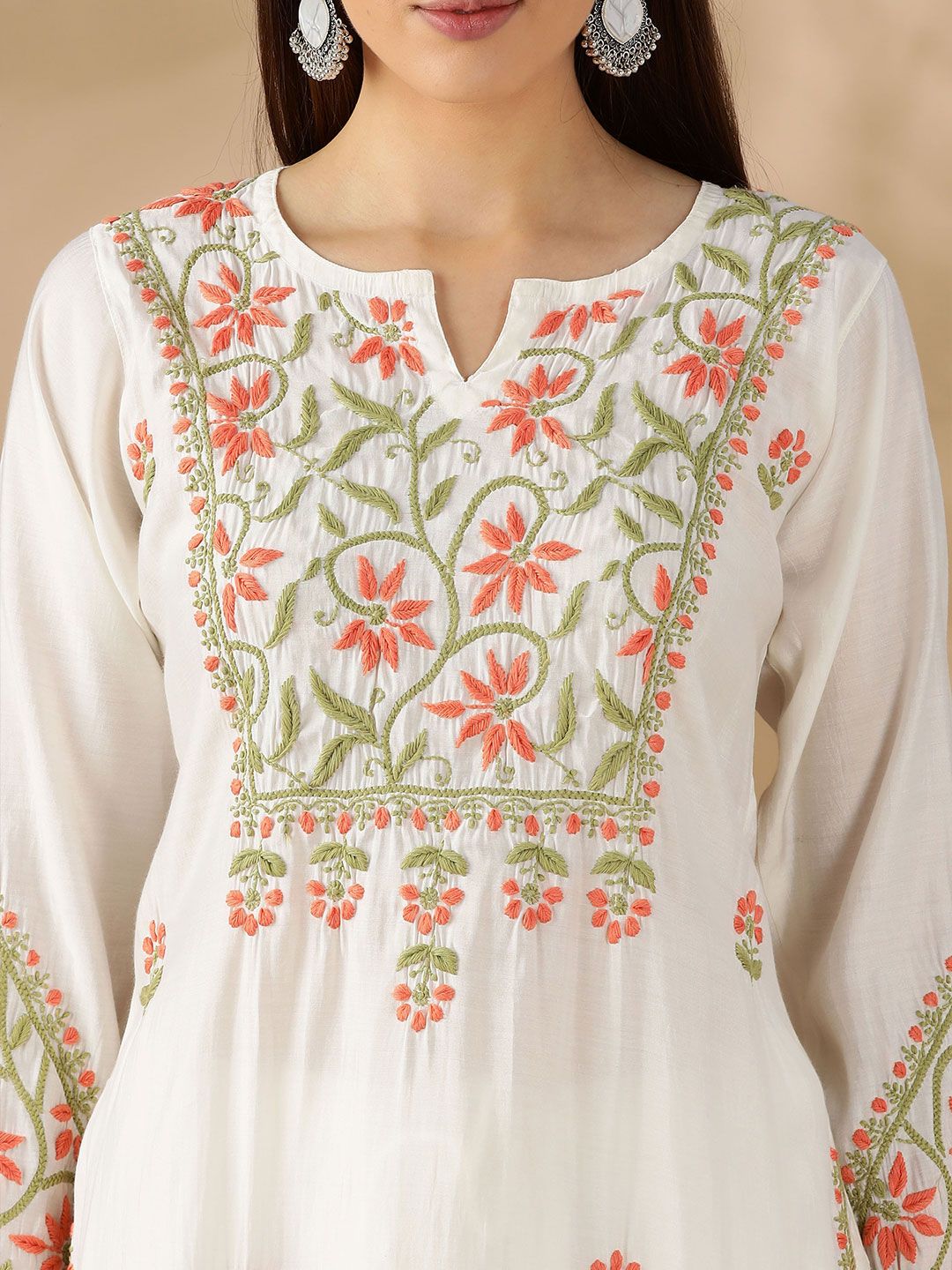Floral Embroidered Thread Work Chanderi Cotton Straight Kurta