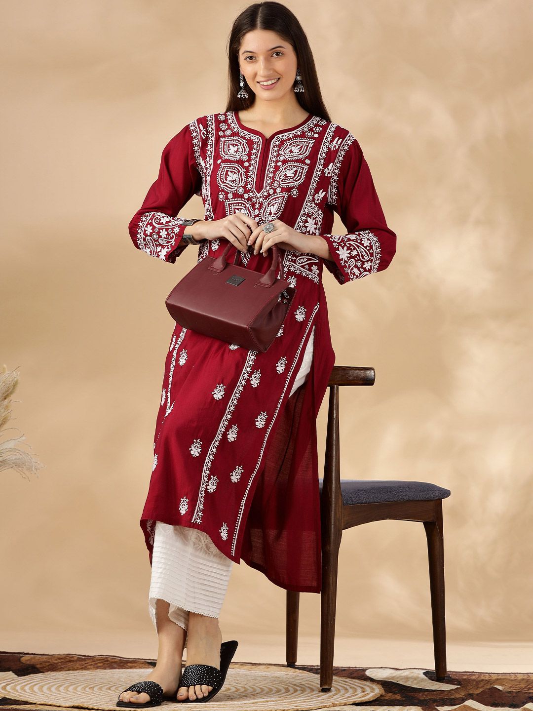 Floral Embroidered Thread Work Chanderi Cotton Straight Kurta