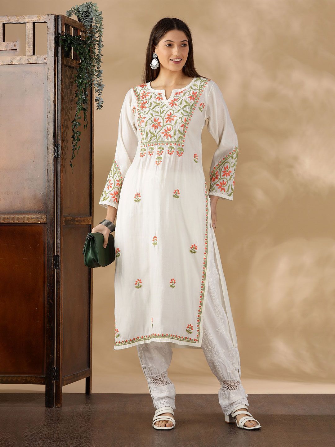 Floral Embroidered Thread Work Chanderi Cotton Straight Kurta