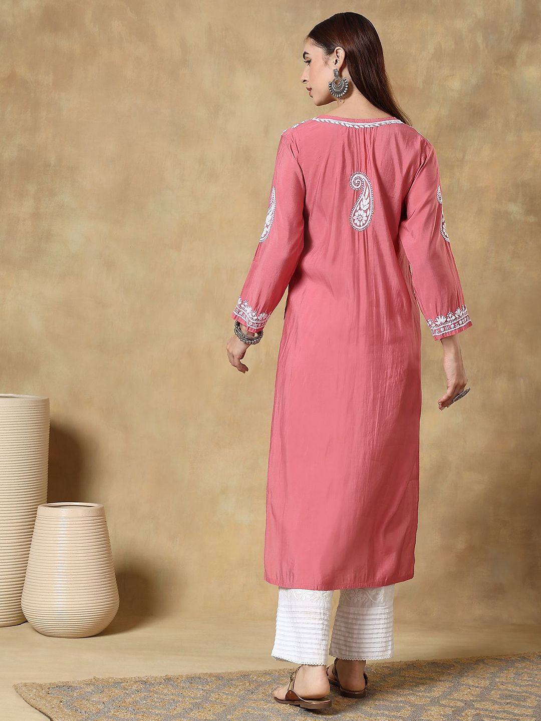 Roman Silk Ethnic Embroidered Thread Work Round Neck Straight Kurta
