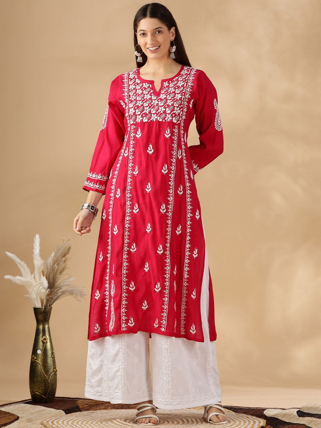 Floral Embroidered Thread Work Chanderi Cotton Straight Kurta