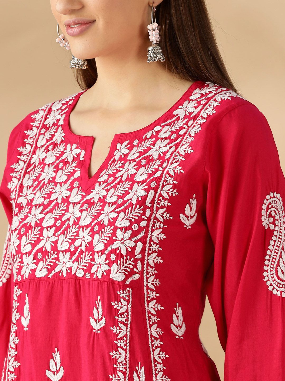 Floral Embroidered Thread Work Chanderi Cotton Straight Kurta