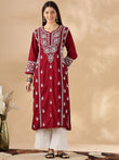Floral Embroidered Thread Work Chanderi Cotton Straight Kurta