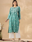 Floral Embroidered Thread Work Chanderi Cotton Straight Kurta