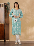 Floral Embroidered Thread Work Chanderi Cotton Straight Kurta