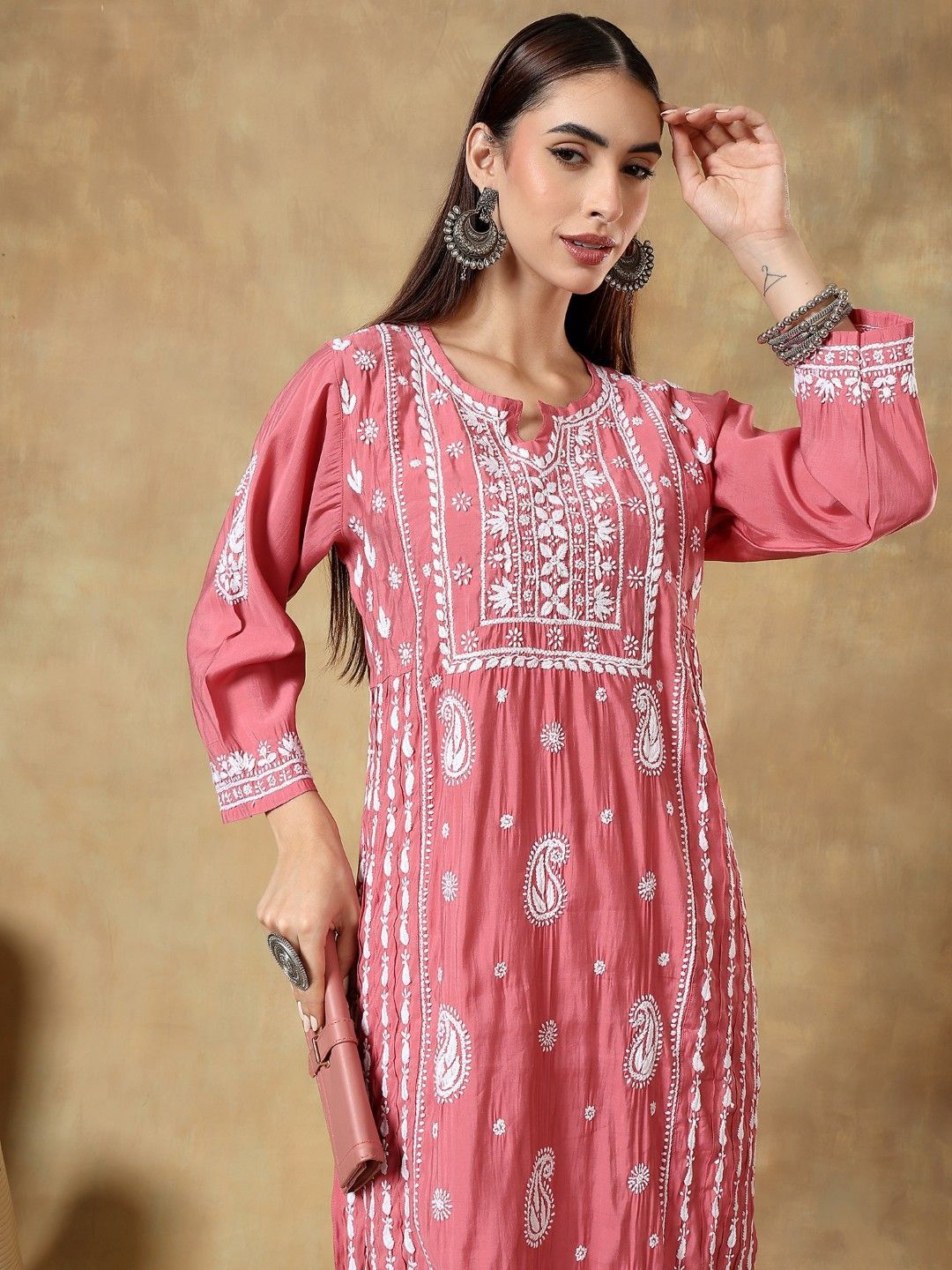 Roman Silk Ethnic Embroidered Thread Work Round Neck Straight Kurta