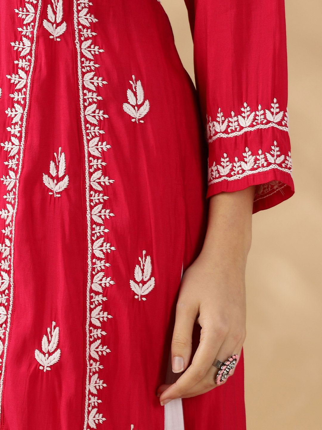Floral Embroidered Thread Work Chanderi Cotton Straight Kurta