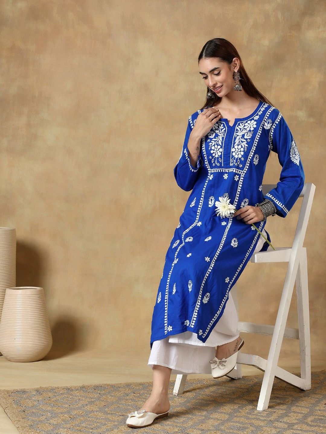 Ethnic Embroidered Round Neck  Thread Work Straight Cotton Kurta