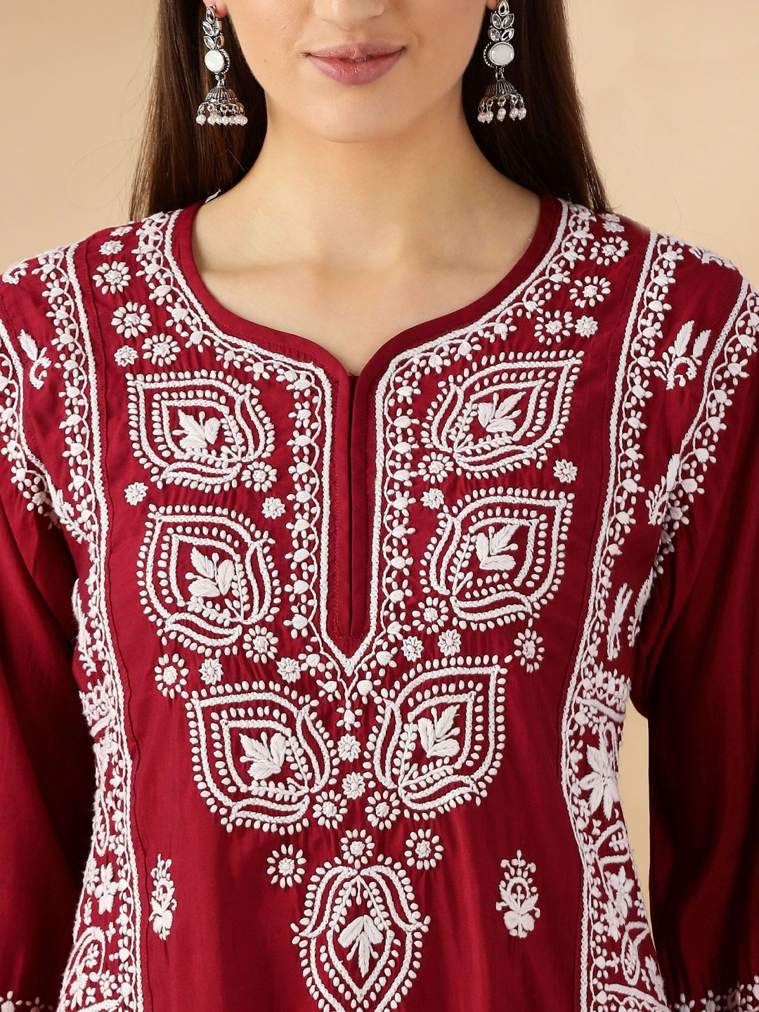 Floral Embroidered Thread Work Chanderi Cotton Straight Kurta
