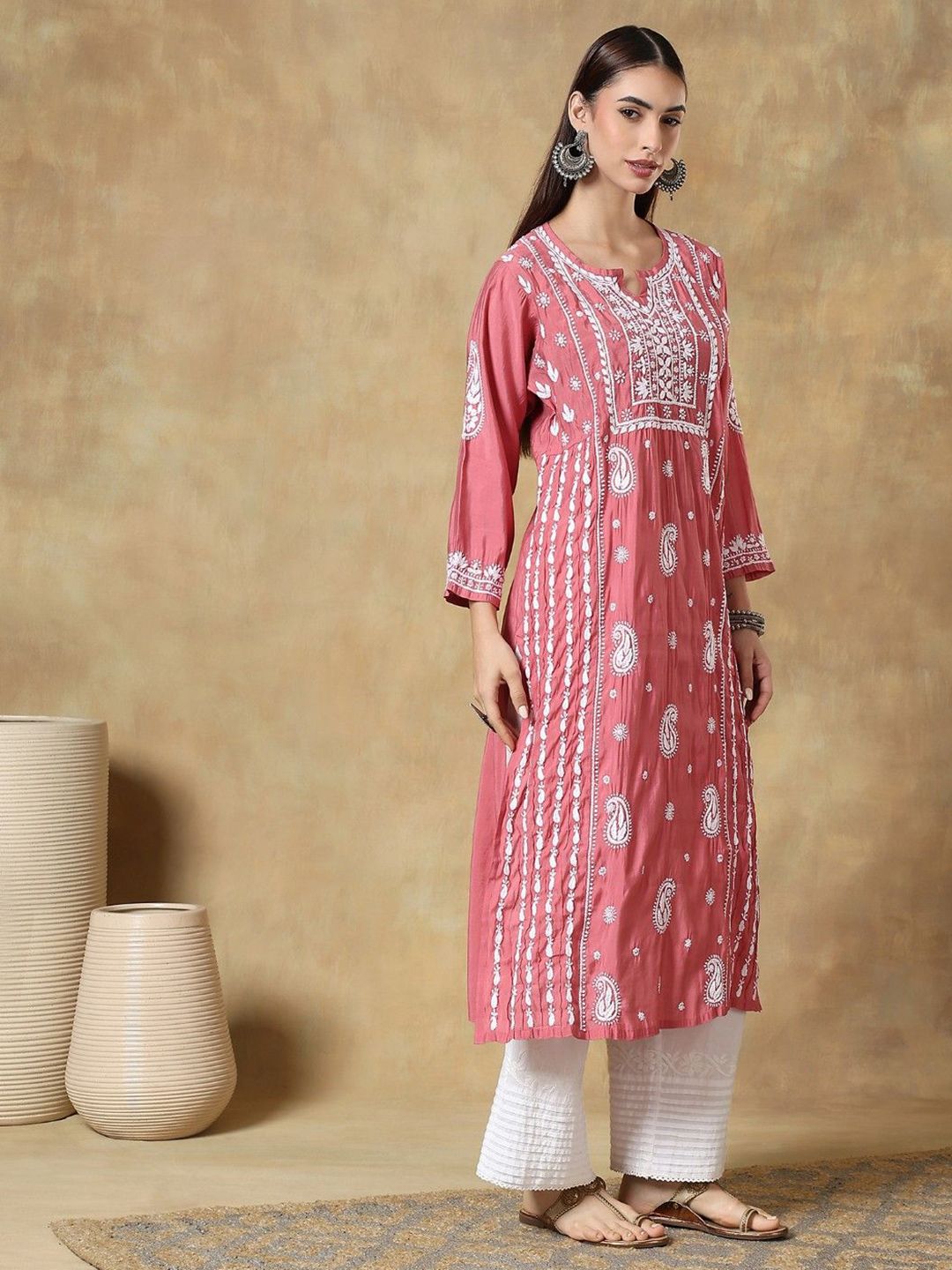 Roman Silk Ethnic Embroidered Thread Work Round Neck Straight Kurta